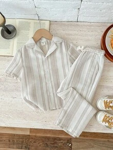 2pcs Young Boy Woven Striped Casual Shirt And Pants Set - Multicolor - View 4