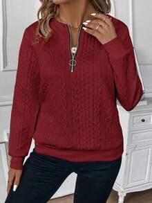 EMERY ROSE 加大码拉链领提花针织卫衣 - 酒紅色 - 查看 1