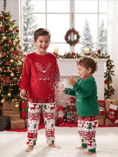 SHEIN 2pcs Boys' Christmas Reindeer Print Soft Cotton Long Sleeve Top And Pants Comfortable Pajama Set Boys Christmas Pajamas Fall Winter