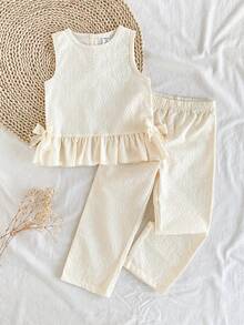 Vintaside Kids Set de 2 piezas de top corto sin mangas de unicolor apricot y pantalones ajustados a juego, adecuado para salidas, uso casual, deportes, fitness y fiestas divertidas para niñas jóvenes - Albaricoque - Ver 5
