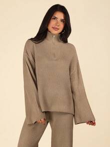 Coeurva 2pcs Women Casual Khaki Zip-Up Drop Shoulder Sweater And Knit Pants Set, Autumn/Winter,Fall - Khaki - View 5