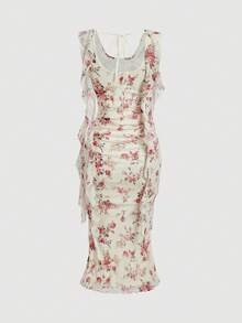 SHEIN MOD Floral Print Romantic Ruffle Hem Fitted Elegant Mid-Length Dress For Women - Multicolor - View 2