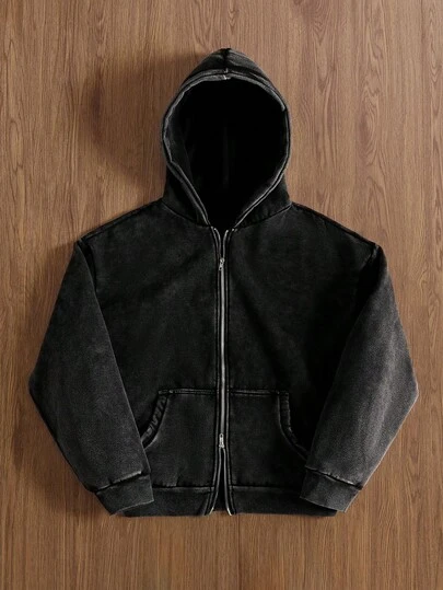 TOKVUE Manfinity Streetrush 男士街头风格流行 INS 搭配水洗复古深色哥特式休闲街头服饰，男友/丈夫礼物，周年纪念礼物，时尚拉链黑色水洗连帽衫，秋冬