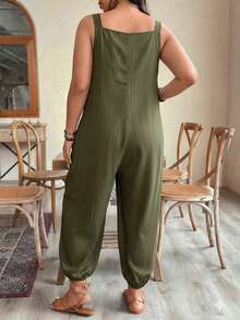 EMERY ROSE Plus Size Women's Elegant Textured Loose Jumpsuit With Adjustable Straps, Suitable For Early Spring - Green - View 2