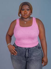 CurvyTilda Blusa de talla grande cómoda con aplicaciones de rhinestones, elegante para uso casual, vacaciones, oficina. Para uso diario en verano y primavera - Rosa - Ver 7
