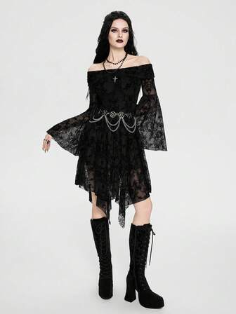Breakform Women's Gothic Style Sexy & Elegant Off Shoulder Ruffle Cross Pendant Bell Sleeve Flocked Retro Mini Dress