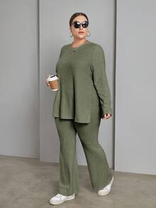 SHEIN Essnce 大码女装秋冬休闲宽松舒适杏色保暖磨毛长袖套头T恤和长裤两件套，秋季女装，裤装套装，套装，机场穿搭，冬季套装，毛绒套装 - 橄欖綠 - 查看 5