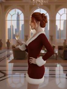 Vestido de navidad santa claus con felpa ajustado cuello v y peluche en escote y puños - Vino - Ver 2