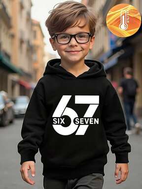 Young Boy Casual Fashionable "67" Numeric & Letter Print Thermal Lined Long Sleeve Hoodie Sweatshirt, Suitable For Outings In Autumn/Winter