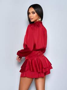 SOLERSUN Women's Sexy & Elegant Mock Neck Lantern Sleeve Pleated Waist Ruffle Trimmed Satin Party Romper,Suitable For Christmas Party Valentine's Day Dating,Fall/Winter - Red - View 2