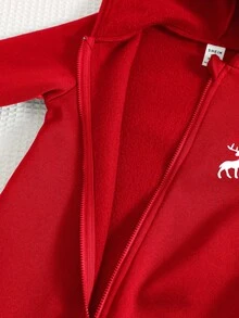 SHEIN 布料紅色男嬰連帽長袖拉鍊連身衣 秋冬連身褲 - 彩色 - 查看 6