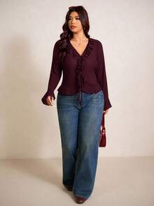 Elaquor Blusa de mujer de talla grande con cuello de volantes, manga acampanada y lazo delantero en unicolor, para primavera. Blusa con lazo delantero para mujer en primavera - Burdeos - Ver 3