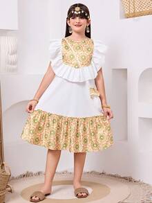 Tween Girl Elegant Crew Neck Pattern Ruffle Hem Sleeveless Dress - White - View 8