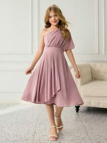 Rochie elegantă de petrecere cu un umăr, în culoare solidă, pentru fete preadolescente