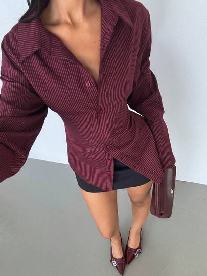 Aloruh Women's New Arrival Long Sleeve Blouse, Wine Red Striped Satin Shirt, Romantic Casual Versatile Fitted Shirt Burgundy Blouse Business Casual Top Office Blouse Wine Red Top Elegant Blouses For Women