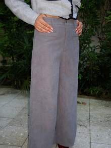 Durrani Popal Pantalones anchos de cintura alta de unicolor versátil y casual - Gris - Ver 3