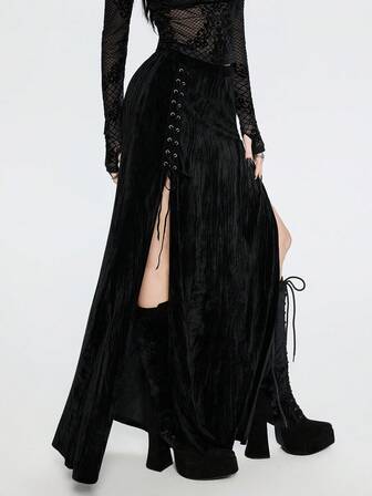 Breakform Women's Gothic Style Solid Color Velvet Fabric Side Metallic Adjustable Buckle Elastic Waist High Slit Ankle-Length Pencil Skirt