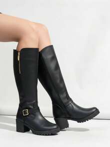 Botas largas de mujer hebilla decorativa punta redonda tacón grueso estilo urbano para oficina botas altas - Negro - Ver 1