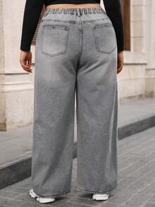 Enliva Jeans boyfriend déchiré gris droit grande taille décontracté - Gris - Voir 2
