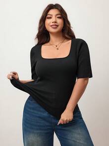 Enliva 大码女式高弹修身方领短袖T恤，亲肤春夏款，适合圆润身材，兼容苹果圆润体型/2026/新年 - 黑色 - 查看 4