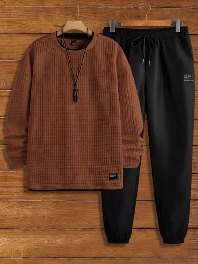 HIMLAND Manfinity Modomio 2 件男士针织修身圆领长袖 T 恤和松紧腰直筒休闲裤套装，适合秋冬季男士运动服