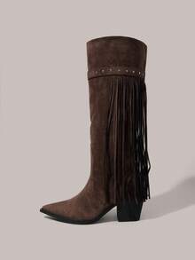 Styleloop Women's Fringe Decor Chunky High Heel Knee-High Boots For Christmas - Coffee Brown - View 2