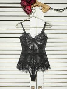 Charlaine Lace Eyelash Trimmed Solid Color Women's See-Through Cami Bodysuit With Waist Cut-Outs For Going Out, Baddie Look - Black - View 9