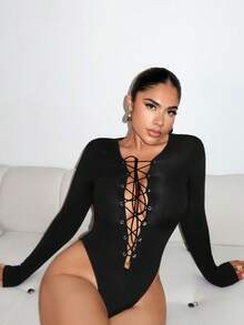 VaVaBold 女士长袖深 V 领交叉系带紧身衣 - 黑色 - 查看 6