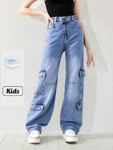 Sparklyn 少女Y2K风格浅色水洗牛仔多口袋直筒宽松裤，面料柔软舒适，百搭实用，适合户外活动、节日庆典、派对等场合，当季新品上市。 - 中等水洗藍 - 查看 7