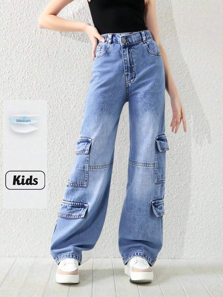 Sparklyn Calça Jeans Reta Larga com Vários Bolsos, Estilo Y2K para Meninas Pré-Adolescentes, Lavagem Clara, Tecido Macio e Confortável, Versátil, Calça Jeans Adequada para Uso Externo, Festivais, Festas, Novo Lançamento Sazonal - Lavagem Média - Visão 7