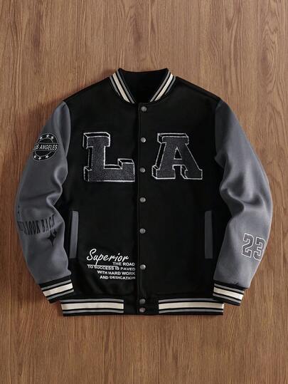 TOKVUE 男士字母印花撞色长袖休闲棒球夹克，秋季，黑色狂野校队夹克