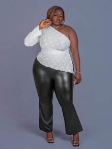 CurvyTilda Plus Size Women Embroidered Ruched Asymmetric Hem Casual Top/Autumn /Winter - Apricot - View 3