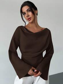 SHEIN PETITE CURVE Plus Size Women's Solid Color Draped Collar Flare Sleeve Pleated Fitted Blouse, Spring/Autumn,Spring Top,Valentine Outfits For Women,Weddings & Events,Elegant Women's Blouses,Casual Outfit For Women, - Brown - View 3