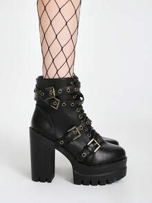 ROMWE Grunge Punk 秋冬女式时尚踝靴2025新款高跟防水台靴厚底圆头摩托车短靴女靴