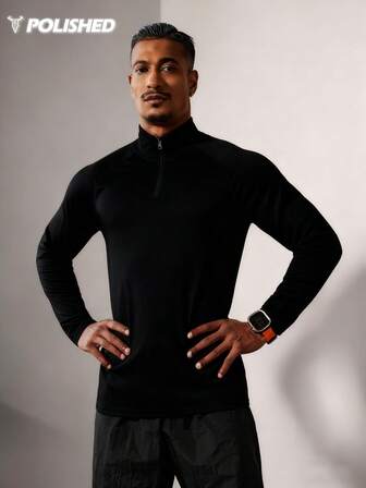 Manfinity Sport Polished Camiseta deportiva casual con media cremallera de manga larga para hombres, ropa de entrenamiento, camisetas y tanques para correr, parte superior de gimnasio, camisa de compresión transpirable y ajustada para otoño