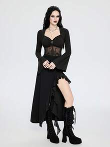 Breakform 女士哥特复古性感网纱刺绣城堡图案拼接纯色针织面料方领弹力荷叶边前片褶皱金属交叉喇叭袖短款T恤 - 黑色 - 查看 4