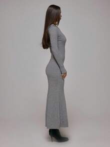 MUSERA 修身紧身针织连帽四分之一拉链长裙，秋冬街头风，酷女孩Y2K日常休闲复古风 - 灰色 - 查看 4