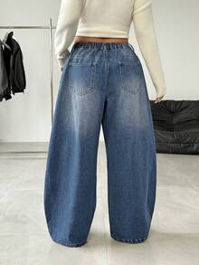 SHEIN EZwear Plus Size Women Vintage Blue Flared Jeans, High Waist Loose Fit Barrel Leg Jeans - Blue - View 2
