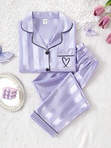 女童条纹爱心刺绣开衫长裤家居服套装（2件套），优雅简约，面料舒适，是理想的新年礼物。 - 彩色 - 查看 7