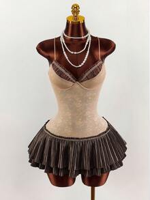 Amplova 女士撞色迷你连衣裙，性感、前卫、简约、复古A字百褶裙，性感复古风 - 棕色 - 查看 5