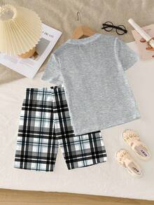 SHEIN Leap Crew 少女休闲简约灰色字母图案T恤和格子短裤睡衣套装，修身款，春夏款 - 彩色 - 查看 2