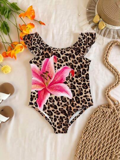 Travachic KIDS Leopard Print, Hibiscus Flower, Tropical Flower, Beach Vacation, Coconut Girl Baby Girls Casual Slim Fit Bodysuit Swimwear Suitable For Summer Princess Chic, Little Stars, Baby Girl Swimwear, Vacay Romance
