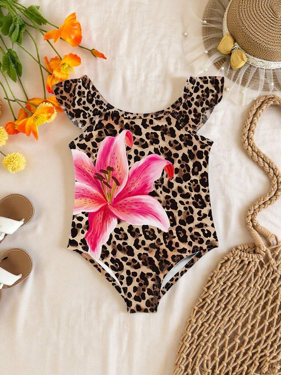 Travachic KIDS Leopard Print, Hibiscus Flower, Tropical Flower, Beach Vacation, Coconut Girl Baby Girls Casual Slim Fit Bodysuit Swimwear Suitable For Summer Princess Chic, Little Stars, Baby Girl Swimwear, Vacay Romance - Multicolor - View 1