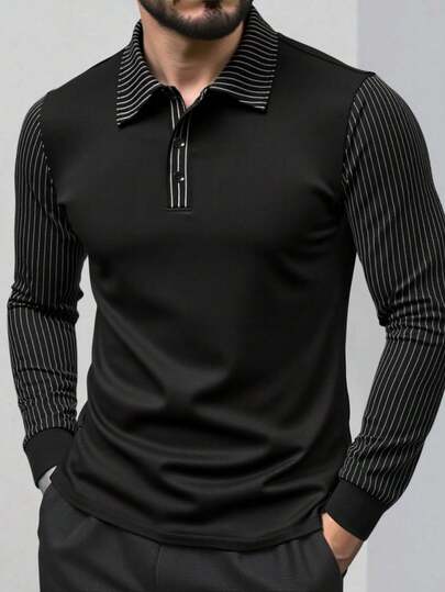 Manfinity Mode Men's Striped & Solid Color Patchwork Long Sleeve Polo Shirt Mens Casual Tops Polo Shirts For Men Long Sleeve