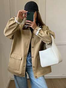 DAZY Chaqueta casual de mujer con parches de colores contrastantes, solapa, remaches de perla, ribete de encaje, corte holgado, para primavera/otoño - Caqui - Ver 4