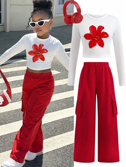 SHEIN 少女休闲印花圆领长袖T恤和工装裤套装，舒适简约