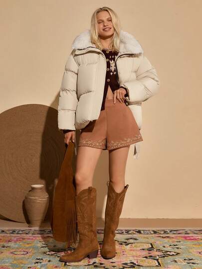 Bóhologie Femmes, hiver, neige, ski, contraste de fourrure synthétique, ceinturé, fermeture éclair, poche, longueur régulière, beige