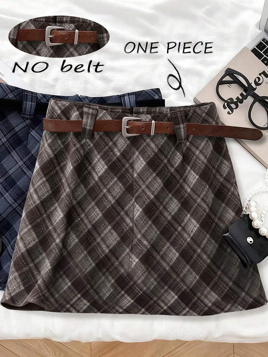 Franclia Korean Style Brown Retro Plaid Brushed High-Waisted Slimming Skirt, Retro Preppy Style, Versatile A-Line Mini Skirt For Women. Winter For Women, Christmas, New Year , For New Year's Eve, Party, Beach, Elegant, Casual For Women, Romance, Valentine's Day, Dating, Graduation Season Attire, Fashionable Casual Commuter Wear, Business Office Wear, Versatile And Stylish Everyday Casual Wear, Urban Teacher's Professional Attire - Multicolor - View 1