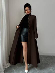 Elenzga New Women's Stand Collar Long Sleeve Faux Rabbit Fur Cuff Splice Double-Sided Woolen Fabric Open Front Design Waist A-Line Casual Daily Versatile Young Elegant Ladies Wool Long Coat, Autumn/Winter - Coffee Brown - View 8