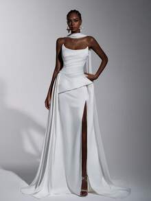 Elitara Minimalist White Satin Sculptural Cut-Out Shoulder Pleated Flared A-Line Hem Dress, Suitable For Women's Wedding Gown, Party Dress, Evening Gown - White - View 7